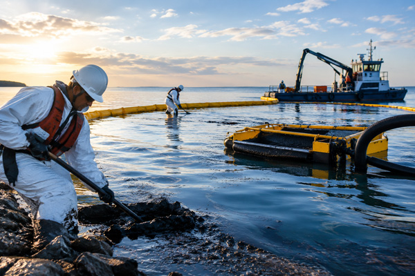 AI generated. Crew cleaning oil spill